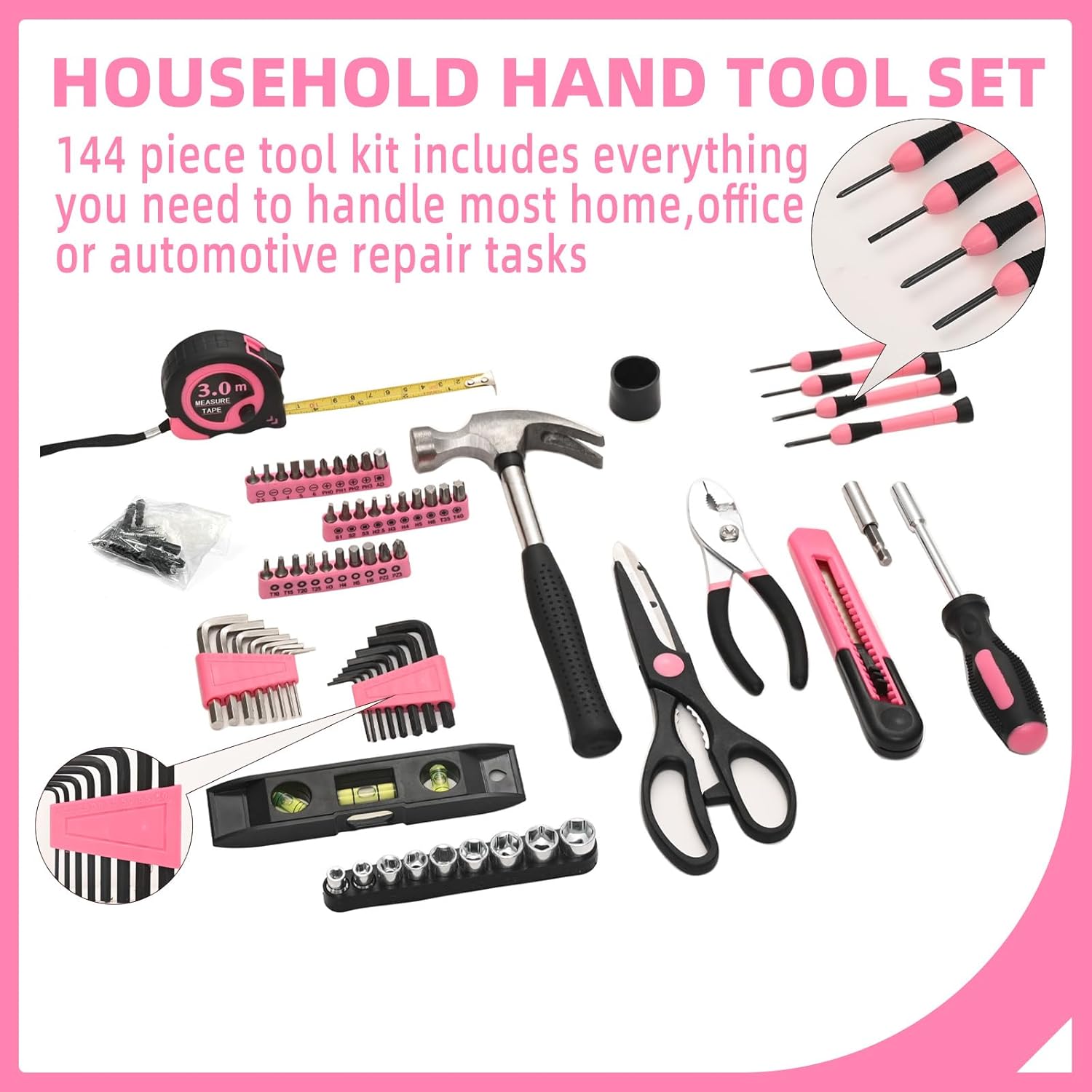 144-Piece Pink Tool Kit Basic Home Repair Tool Set General Household Hand Tool Kit Small Tool Kit with Plastic