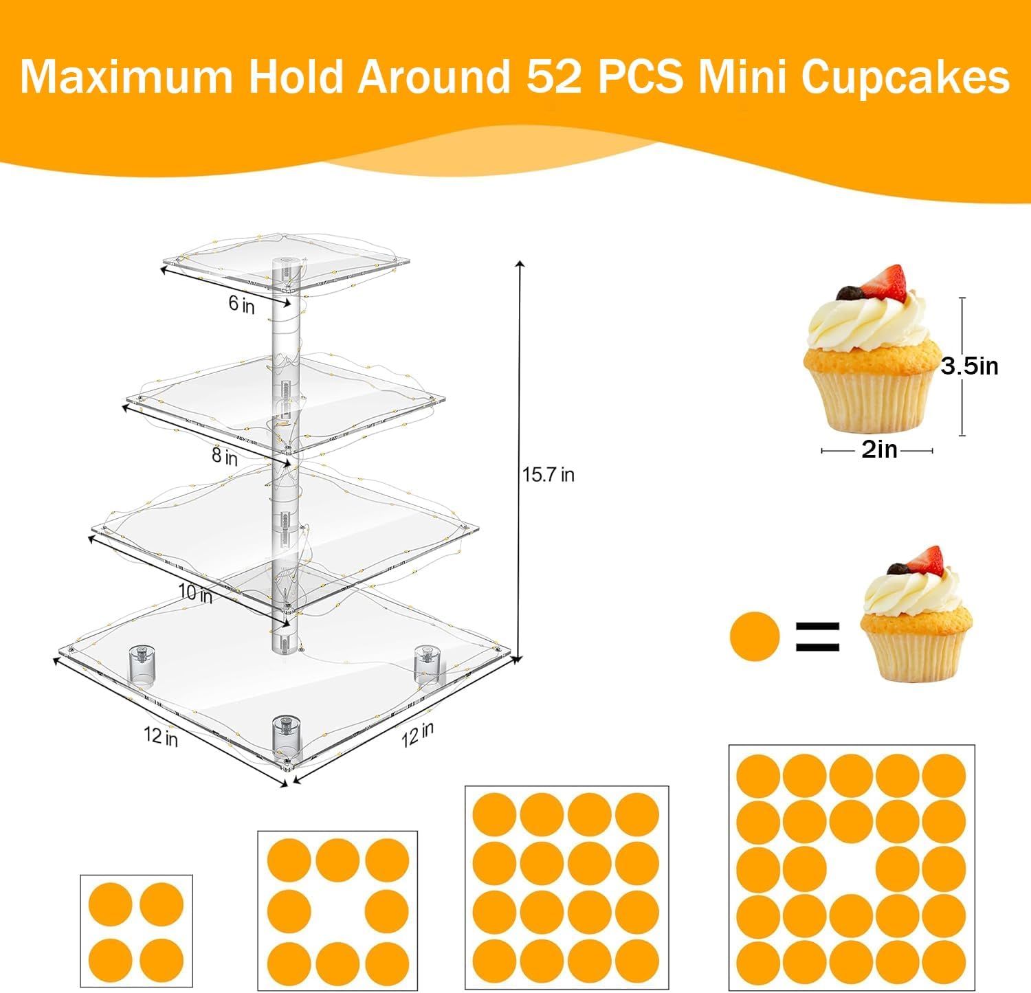 Cupcake Stand with Yellow LED Lights, 4 Tier Cupcake Stand for 50 Cupcakes, Acrylic Cupcake Tower Stand, Clear Tiered