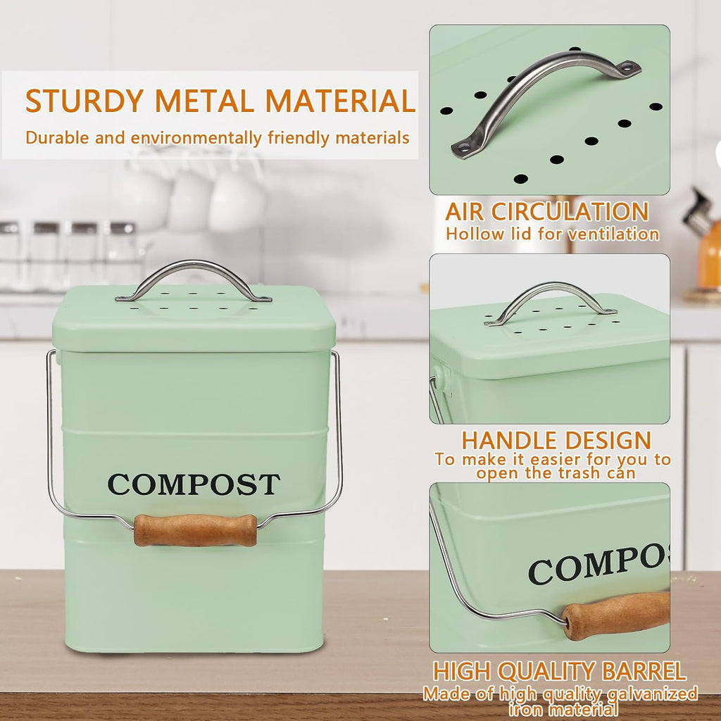 Stainless Steel Compost Bin for Kitchen Countertop Compost Bin,1 Gallon, Kitchen Trash Can -Includes Charcoal