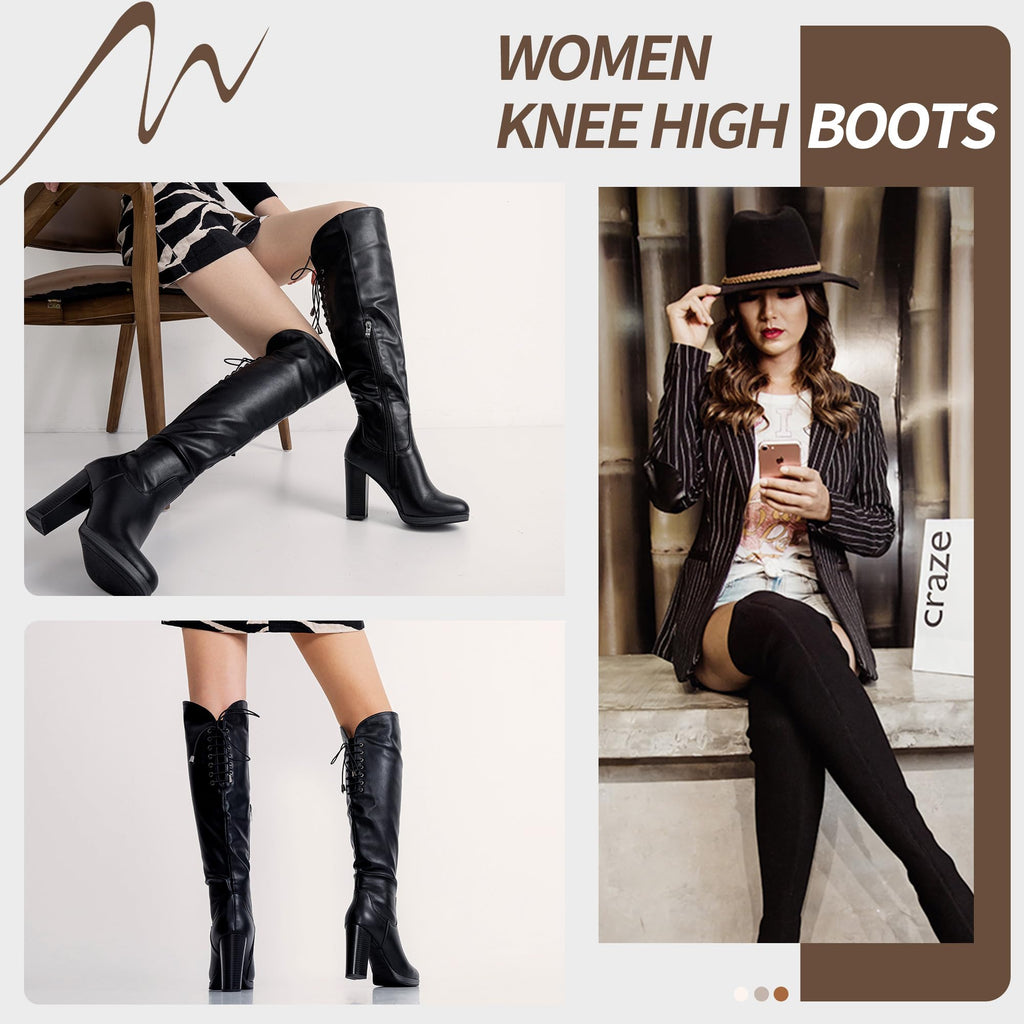 Women's Black PU Thigh High Chunky Platform Boots Size 8.5, 997