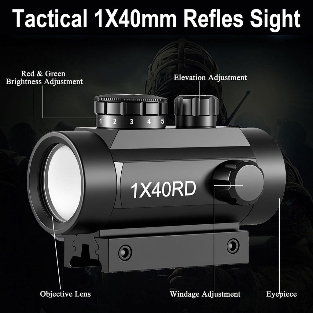 Red Dot 1x40mm, Reflex Red/Green Dot Sight Riflescope, 4 MOA Reticle, Compatible with 20mm Picatinny/Weaver and 11mm