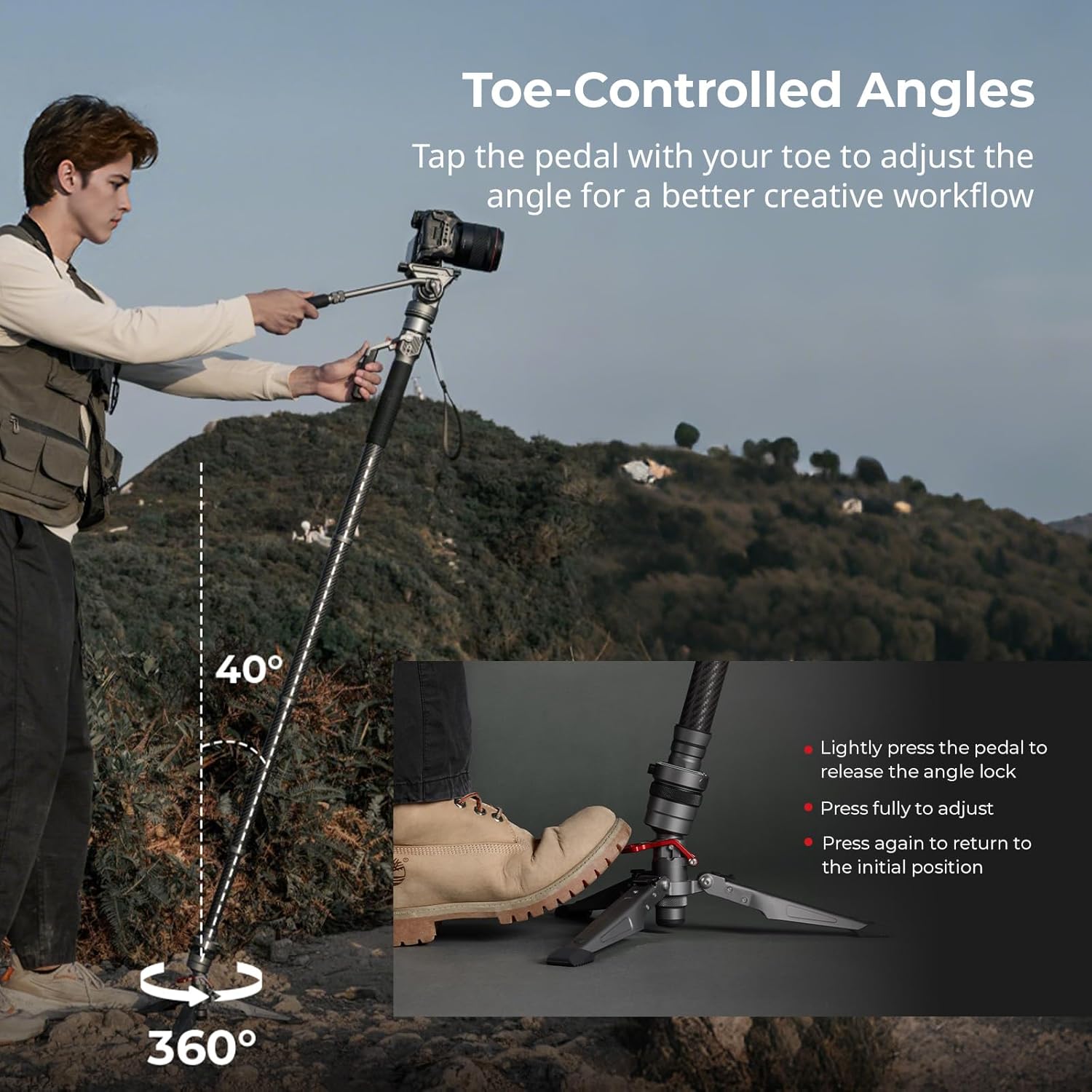 68.9"/ 175cm Carbon Fiber Video Monopod for Camera | One-Button Lift & Lock, Video Fluid Head Max. Playload 5kg/