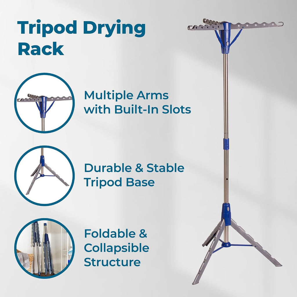 64-Inch Steel Tripod Clothes Drying Rack, Foldable Collapsible Laundry Stand with 3 Rotatable Arms, Holds 30 Hangers
