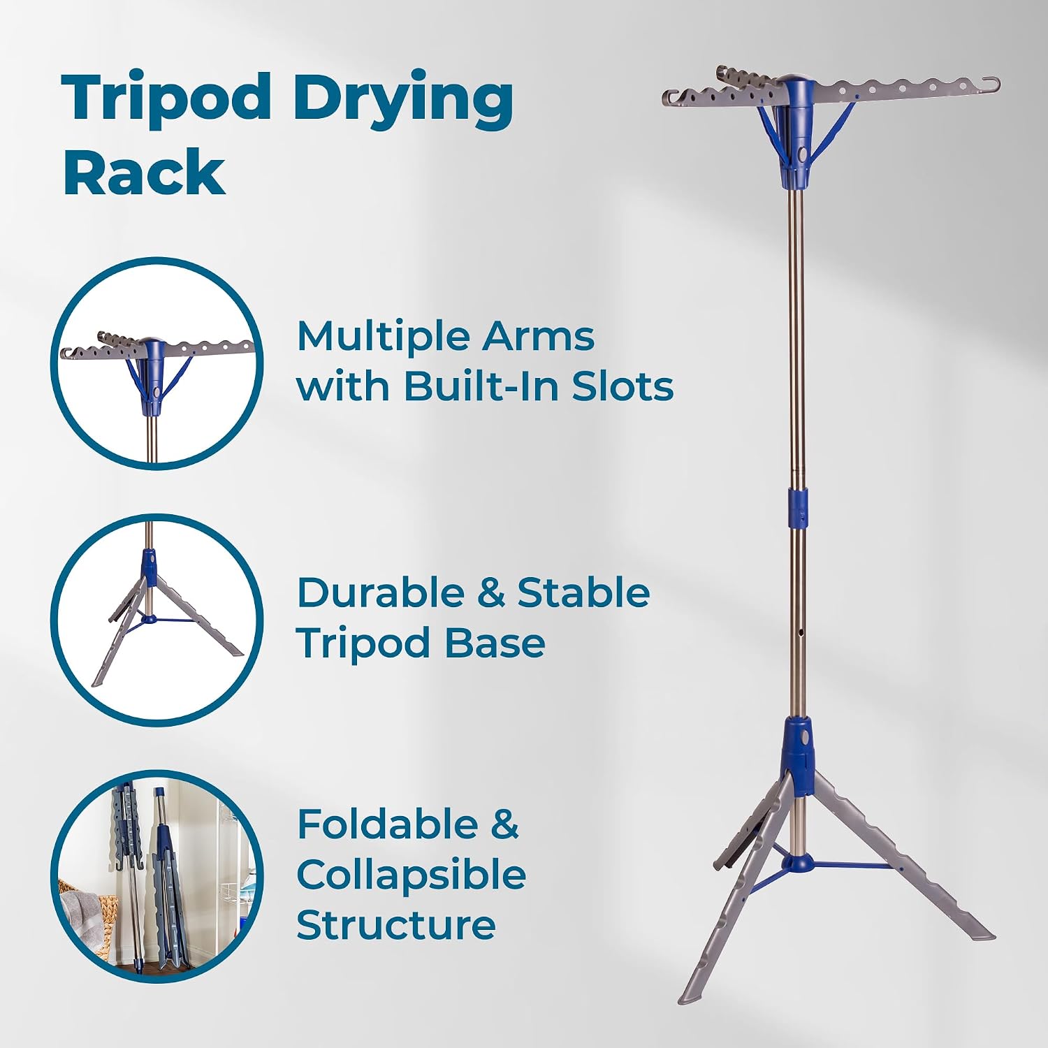 64-Inch Steel Tripod Clothes Drying Rack, Foldable Collapsible Laundry Stand with 3 Rotatable Arms, Holds 30 Hangers