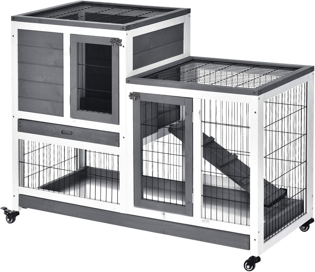 Wooden Rabbit Hutch Elevated Bunny Cage Indoor Small Animal Habitat with Enclosed Run with Wheels, Ramp, Removable