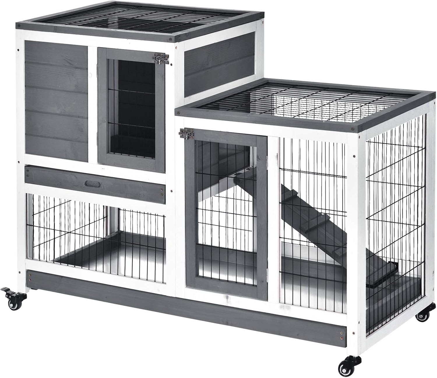 Wooden Rabbit Hutch Elevated Bunny Cage Indoor Small Animal Habitat with Enclosed Run with Wheels, Ramp, Removable