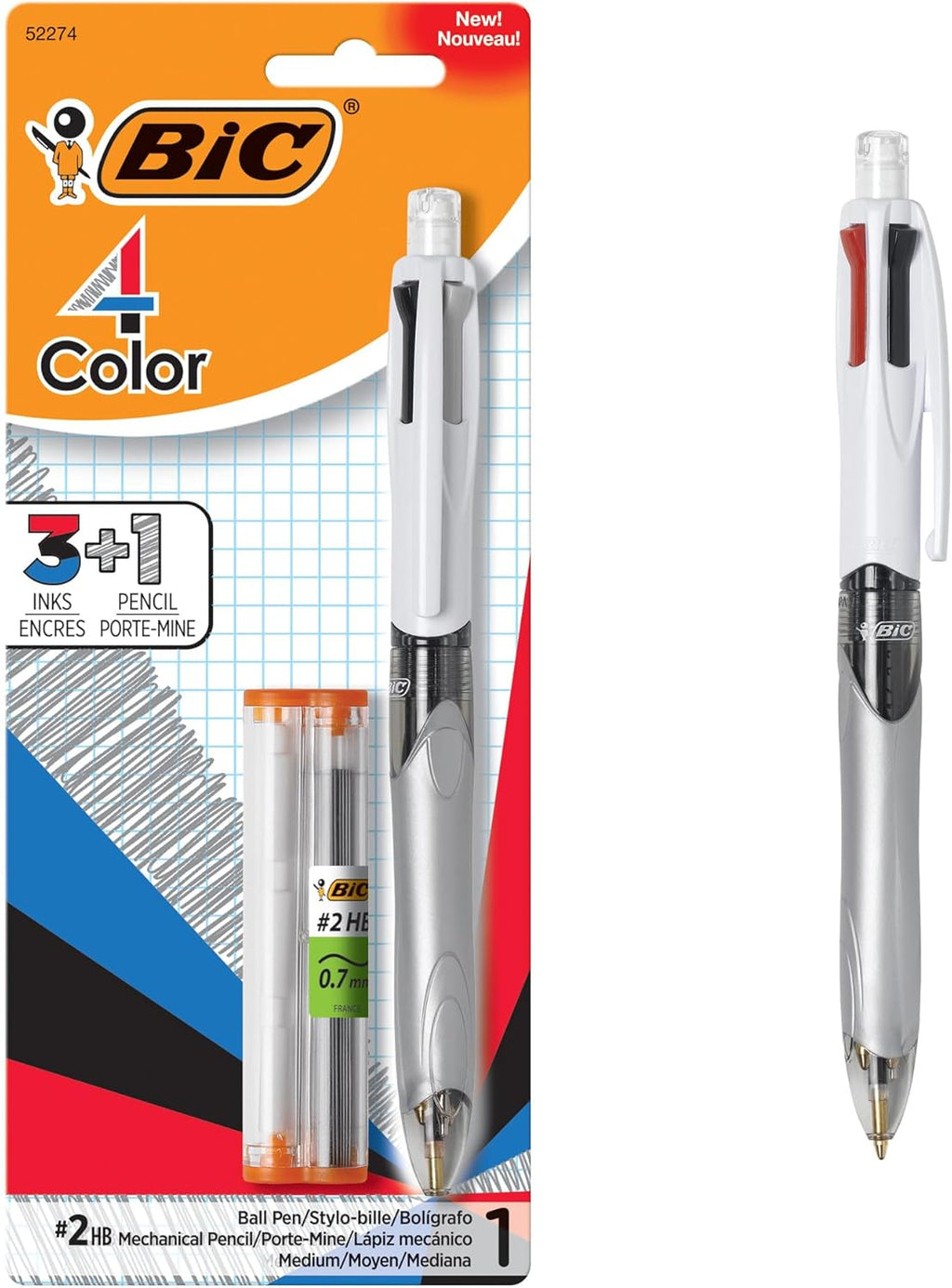 4-Color 3+1 Retractable Ballpoint Pen, 0.7 mm Pencil, 1 Count | Includes 1 Count of Pen and Pencil Combo, Assorted