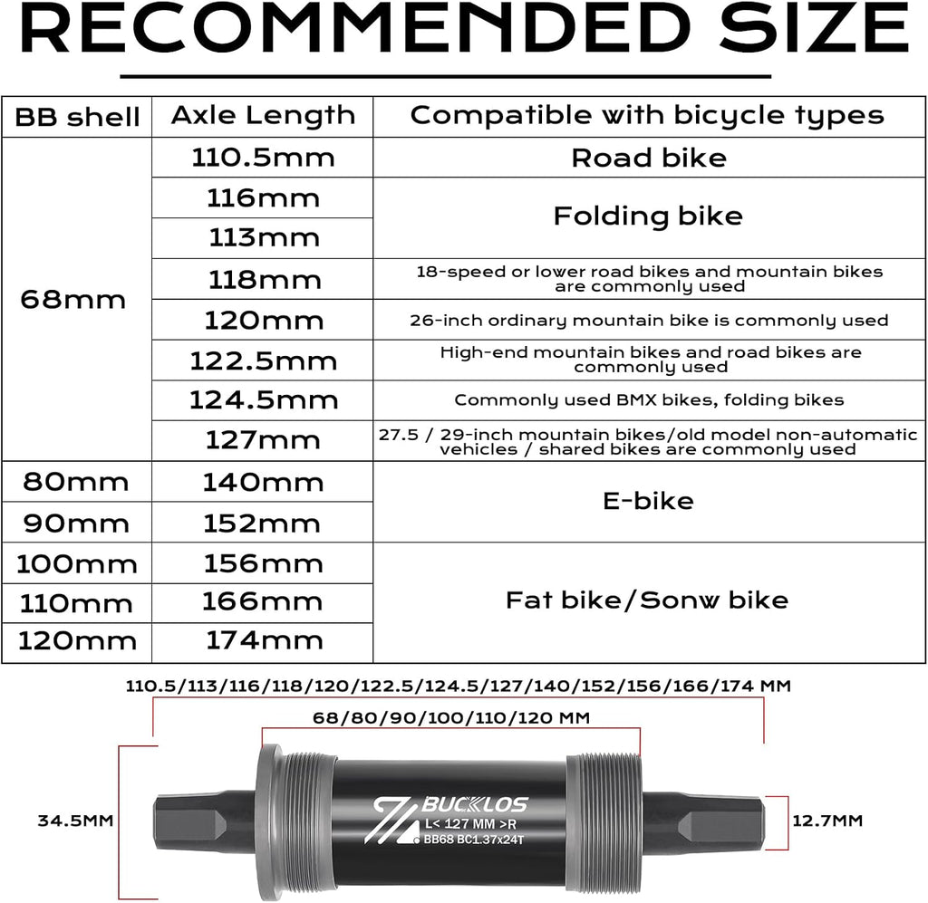 BUCKLOS Bike Square Taper Bottom Bracket - Replacement Bicycle Brackets