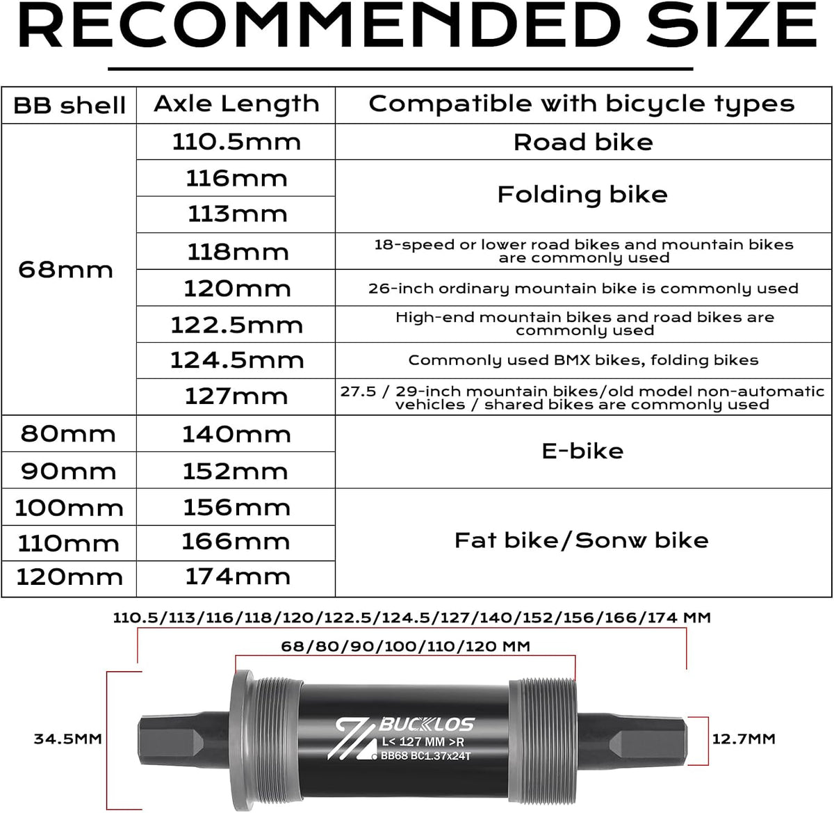 BUCKLOS Bike Square Taper Bottom Bracket - Replacement Bicycle Brackets