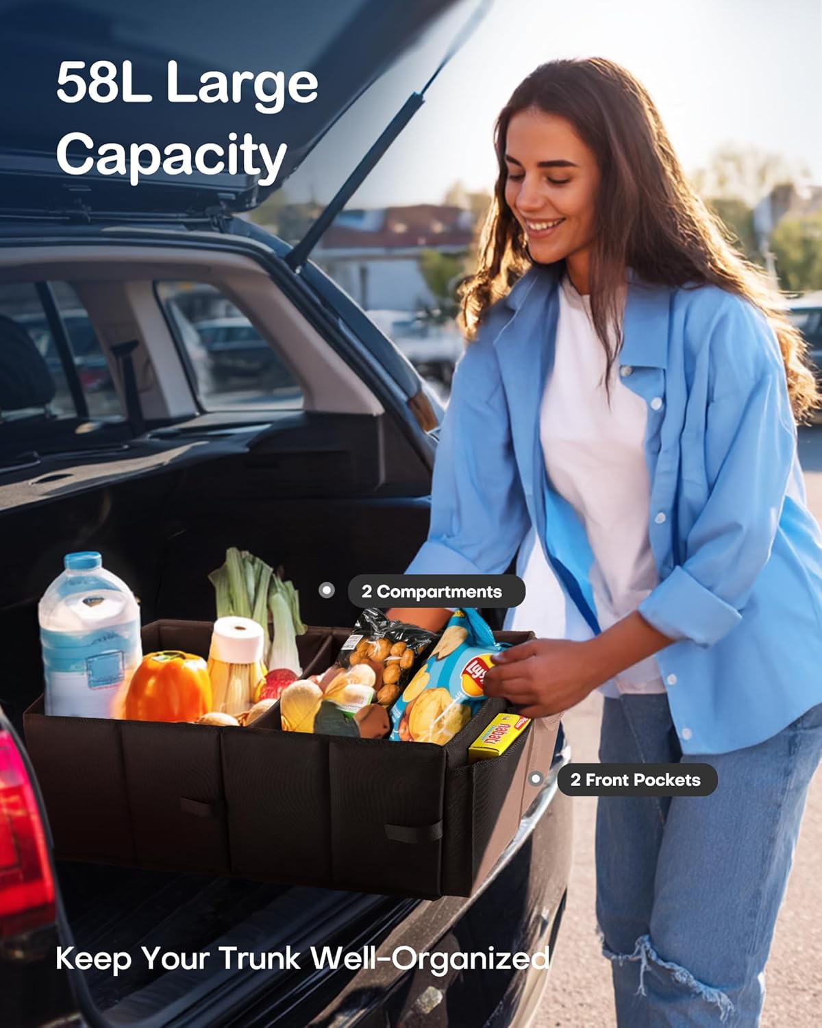 Foldable Trunk Organizer - SUVs & Sedans, Sturdy Car Organization With 2 Compartments, Black, 23.6"×14.2"×10.6"