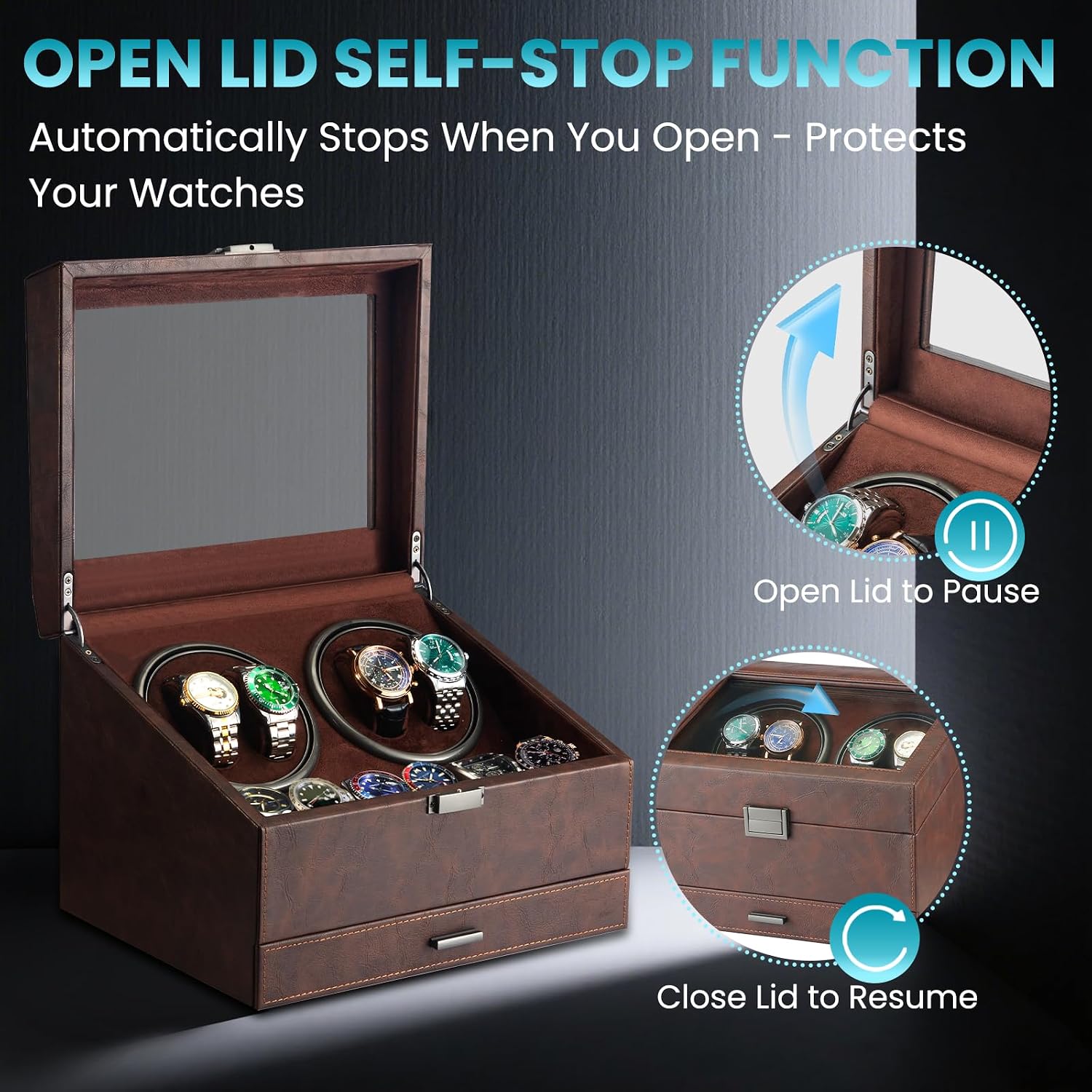 4 Watch Winder with 6-Slots Watch Storage and Jewelry Drawer | 3-in-1 Storage System,Auto-Winding,Extra
