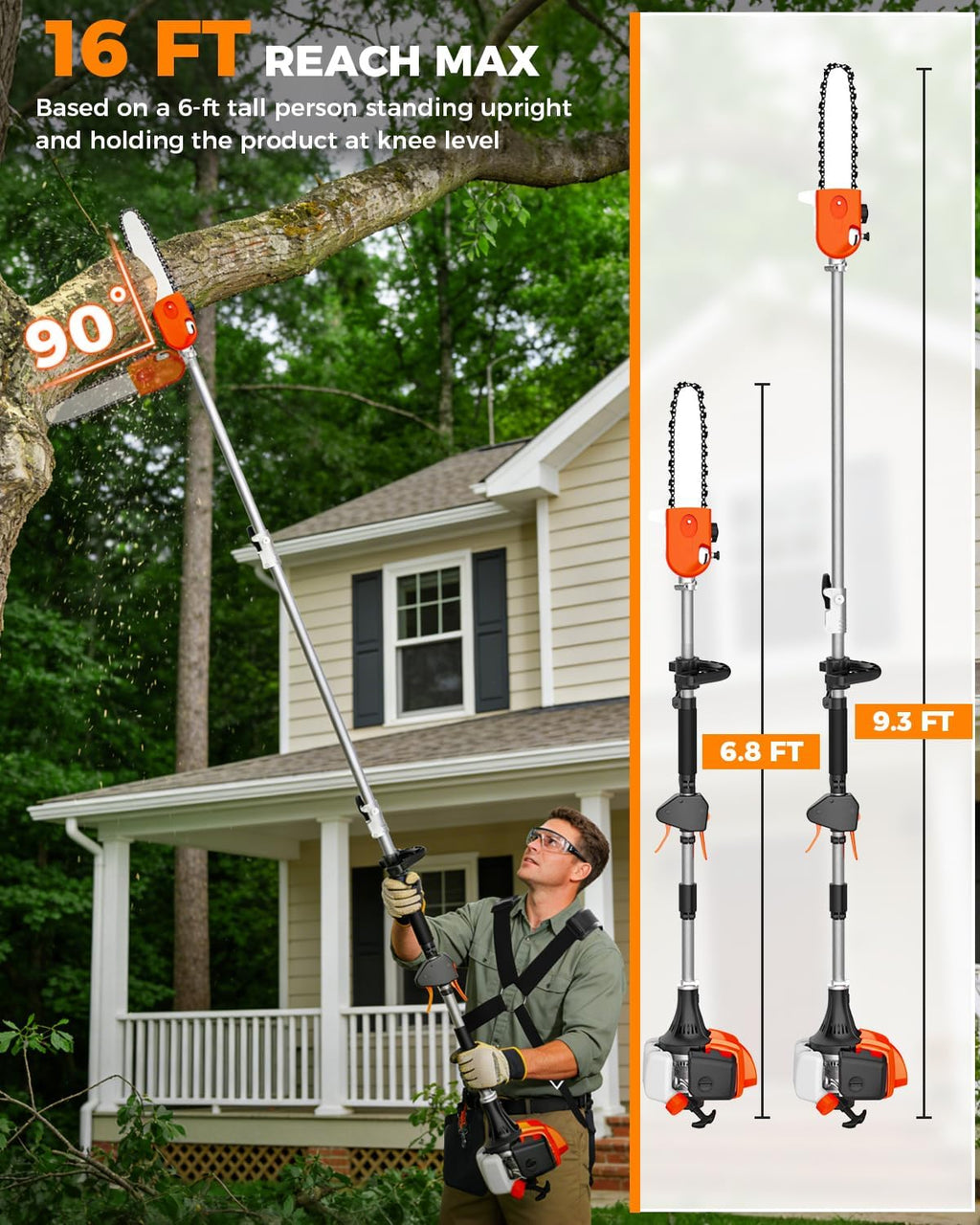 26CC Gas Pole Saw – Extendable 6.9-9.5 FT Gas-Powered Tree Trimmer, 10" Chainsaw Bar, 90° Adjustable Head, Cuts