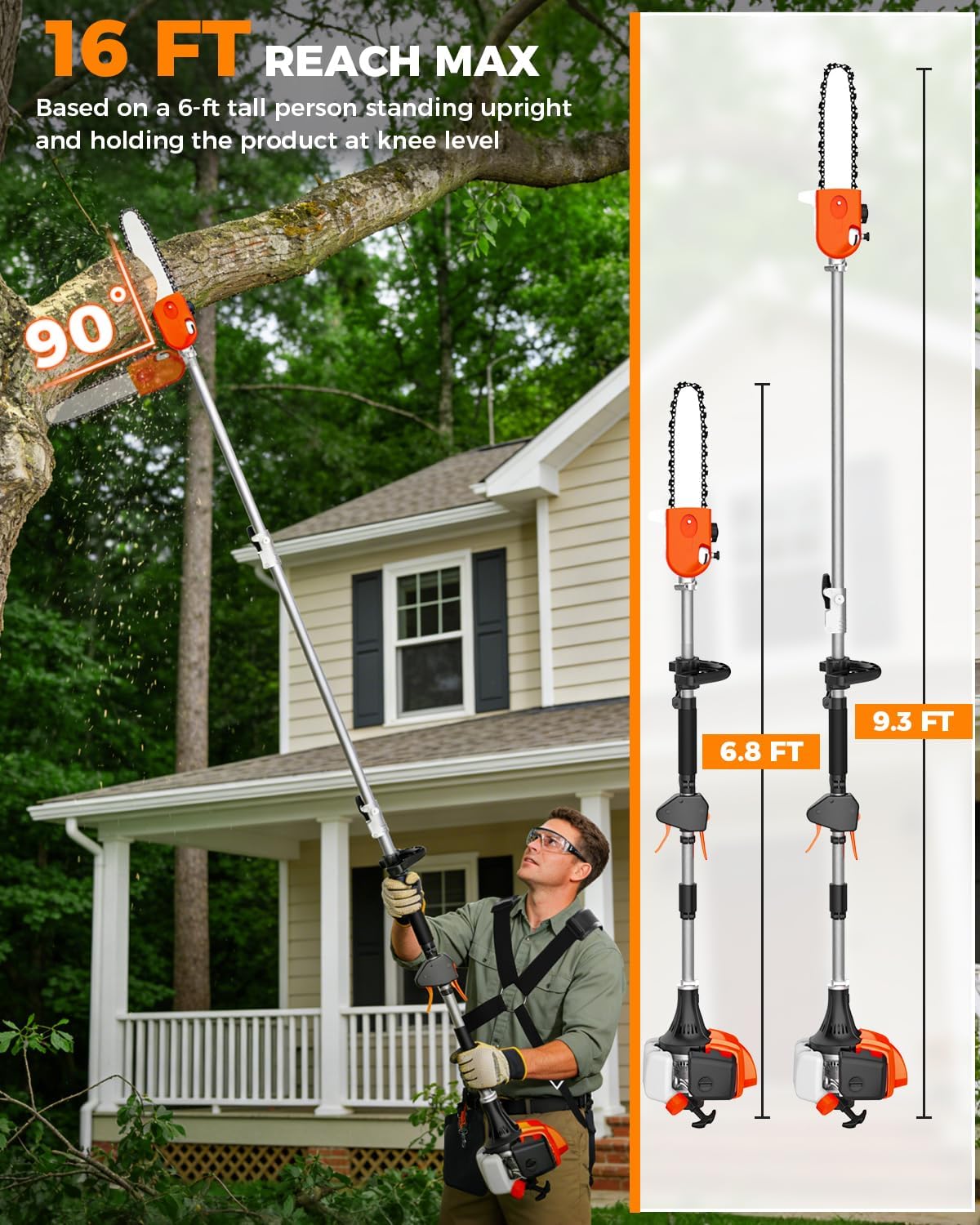 26CC Gas Pole Saw – Extendable 6.9-9.5 FT Gas-Powered Tree Trimmer, 10" Chainsaw Bar, 90° Adjustable Head, Cuts
