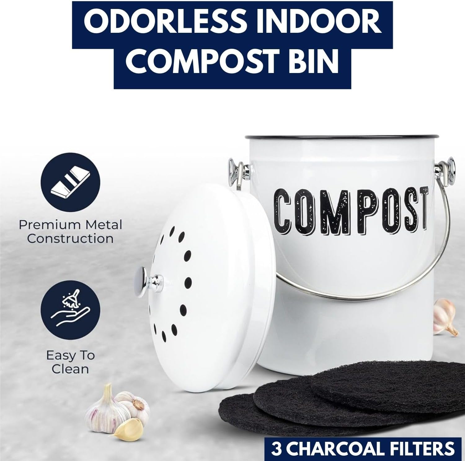 Compost Bin Kitchen Counter, 1.3 Gallon, 3 Charcoal Filters | Countertop Composter Pail with Lid, Stainless Steel