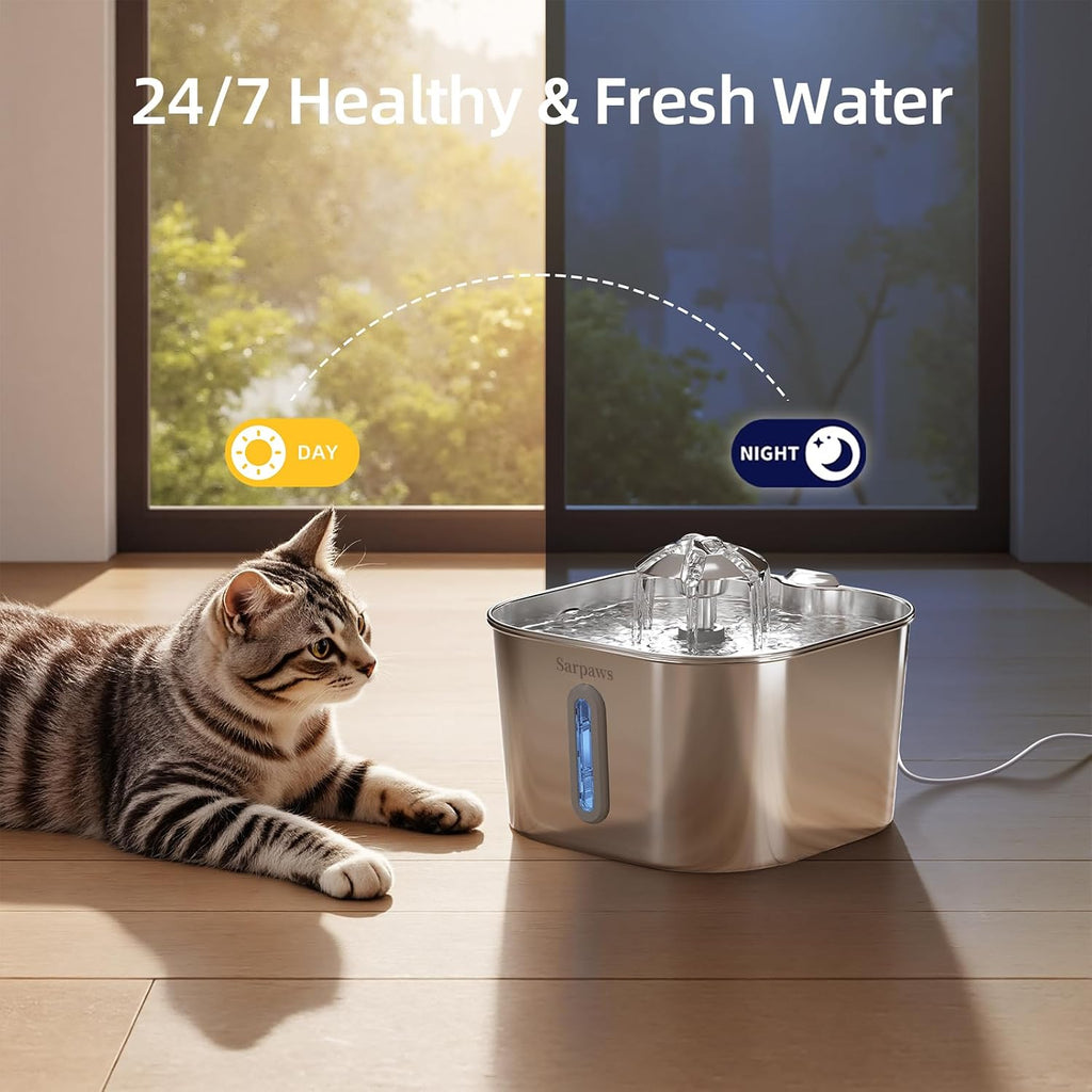 Cat Water Fountain Stainless Steel：74oz/2.2L Water Fountains for Cats Indoor, Cat Fountains for Drinking