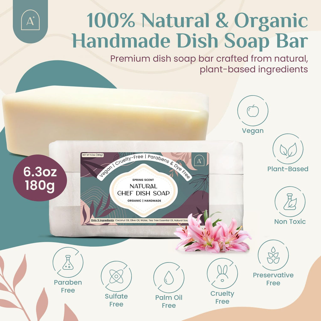 Natural Dish Soap Bar, Cleaning Dishes Solid Block for Kitchen - Organic Biodegradable Dishwashing, only 5