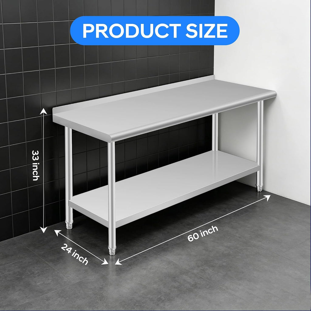 Stainless Steel Work Table with Backsplash, 24 x 60 Inch Prep Table