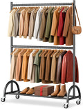 Heavy Duty Clothing Racks for Hanging Clothes Double Rod Rolling Closet Rack with Wheels for Coats, Garment Storage