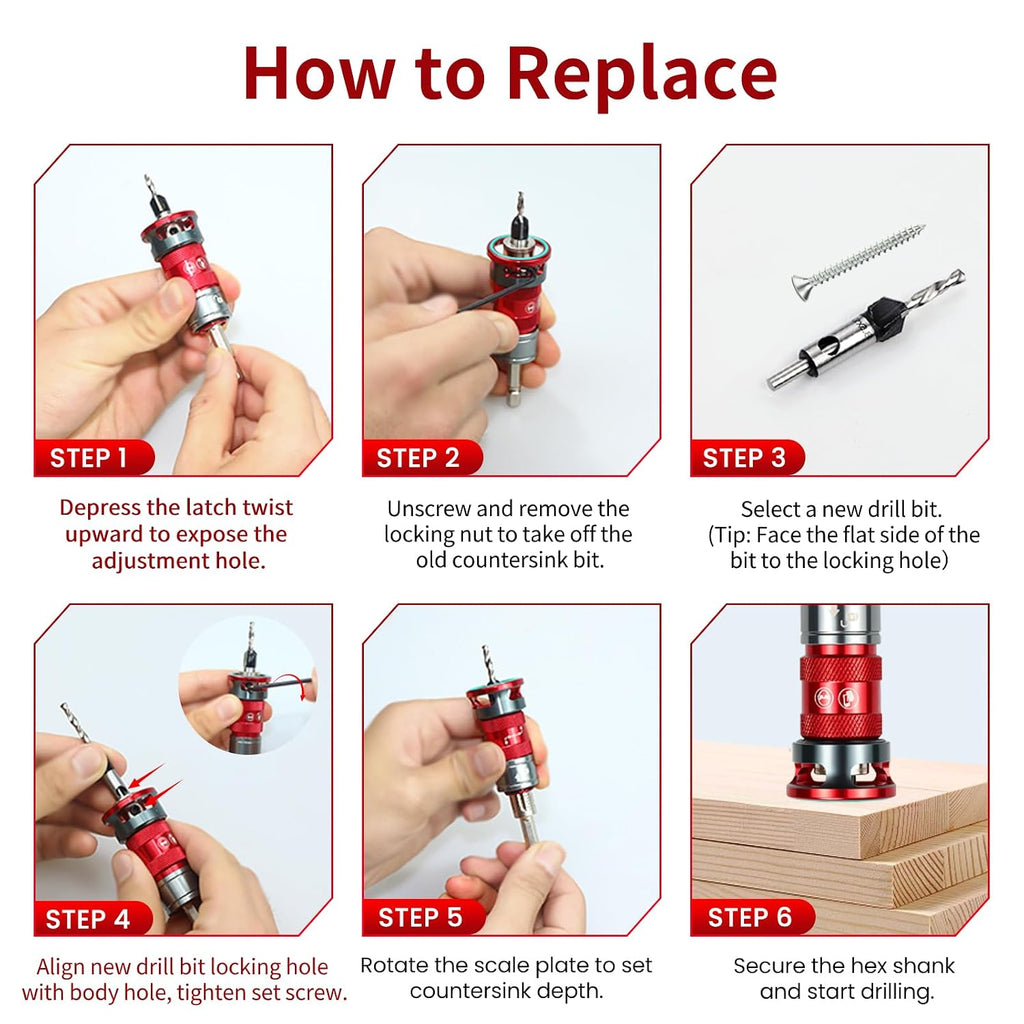 Quick-Adjust Countersink Drill Bit Set, 5 PCS TCT Cutters & HSS Bits