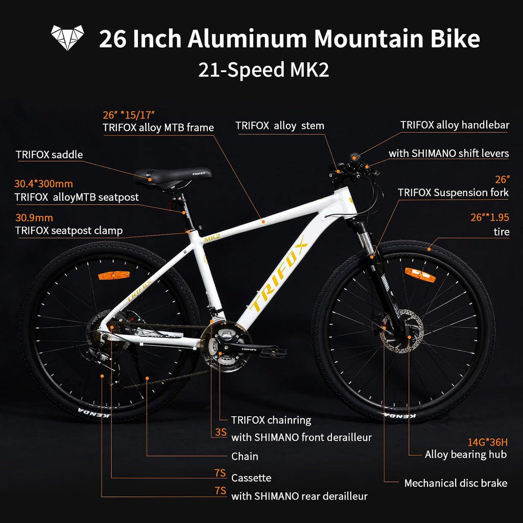 26 Inch Aluminum Mountain Bike with Shimano 21-Speed,Aircraft-Grade Aluminum Frame,Dual Disc Brakes,15/17 Inch