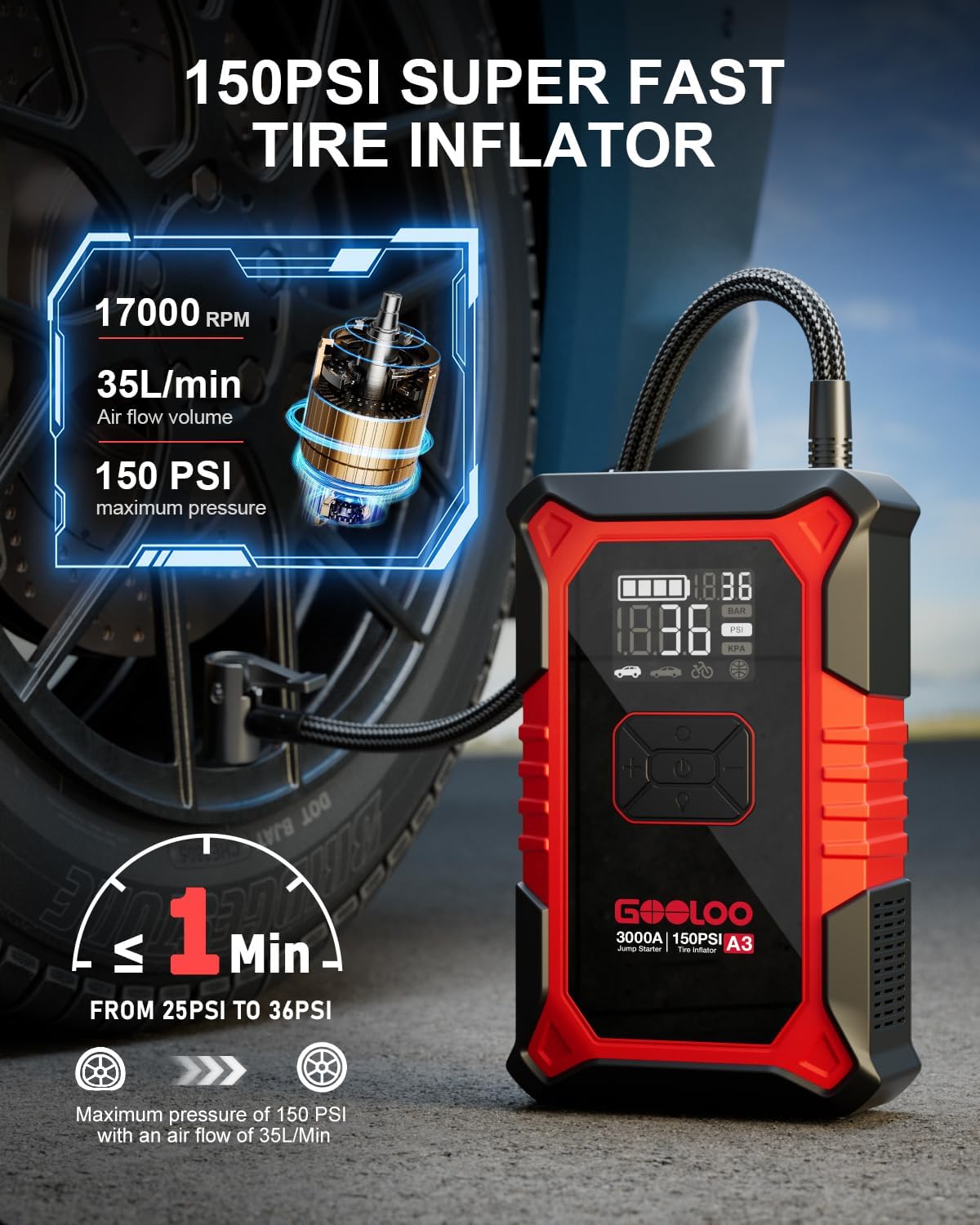 A3 Jump Starter with Air Compressor, 3000A Portable Car Battery Booster (9.0 Gas/6.5L Diesel) with 150PSI