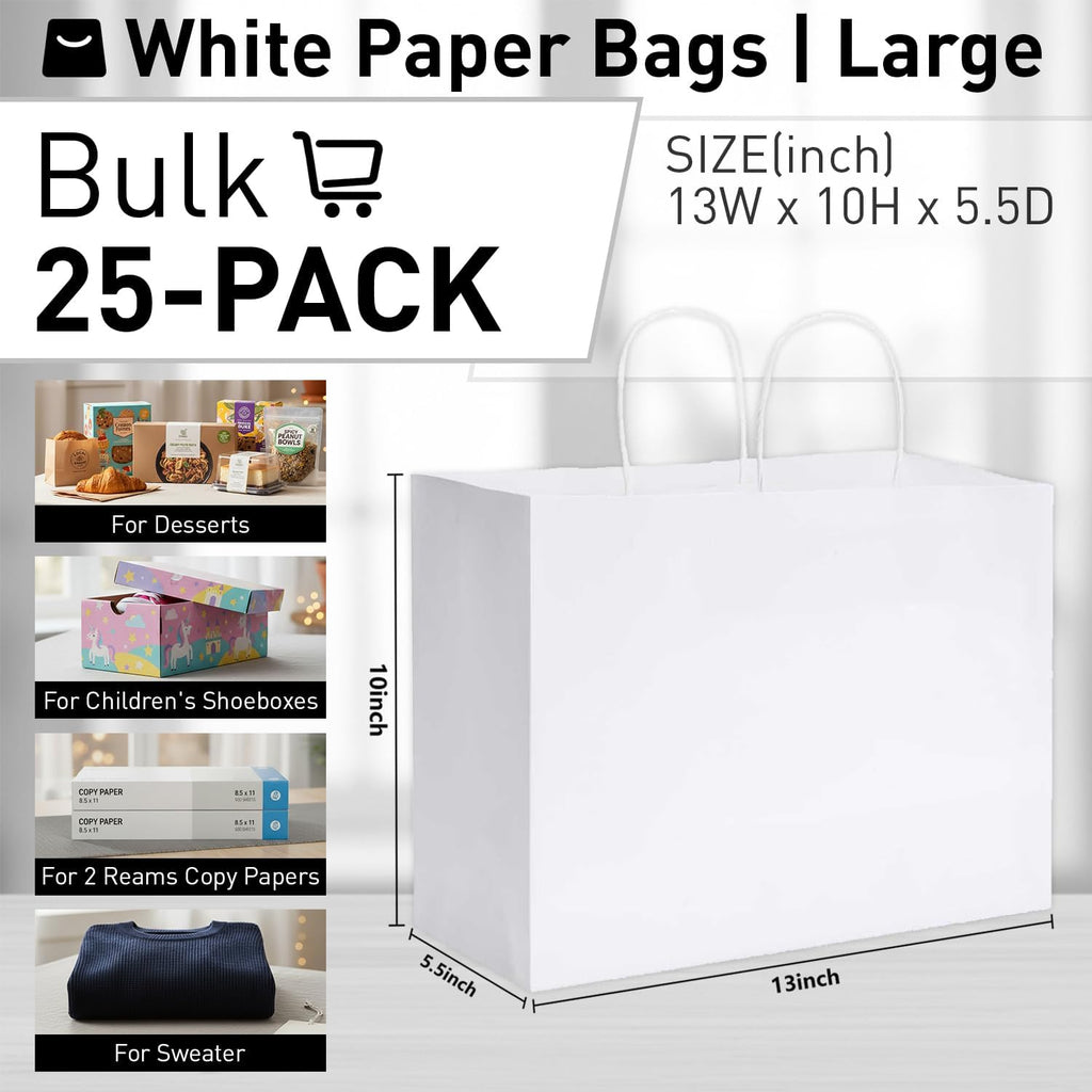 White Gift Bags with Handles, Large 13x10x5.5 Inch, 25 Pack