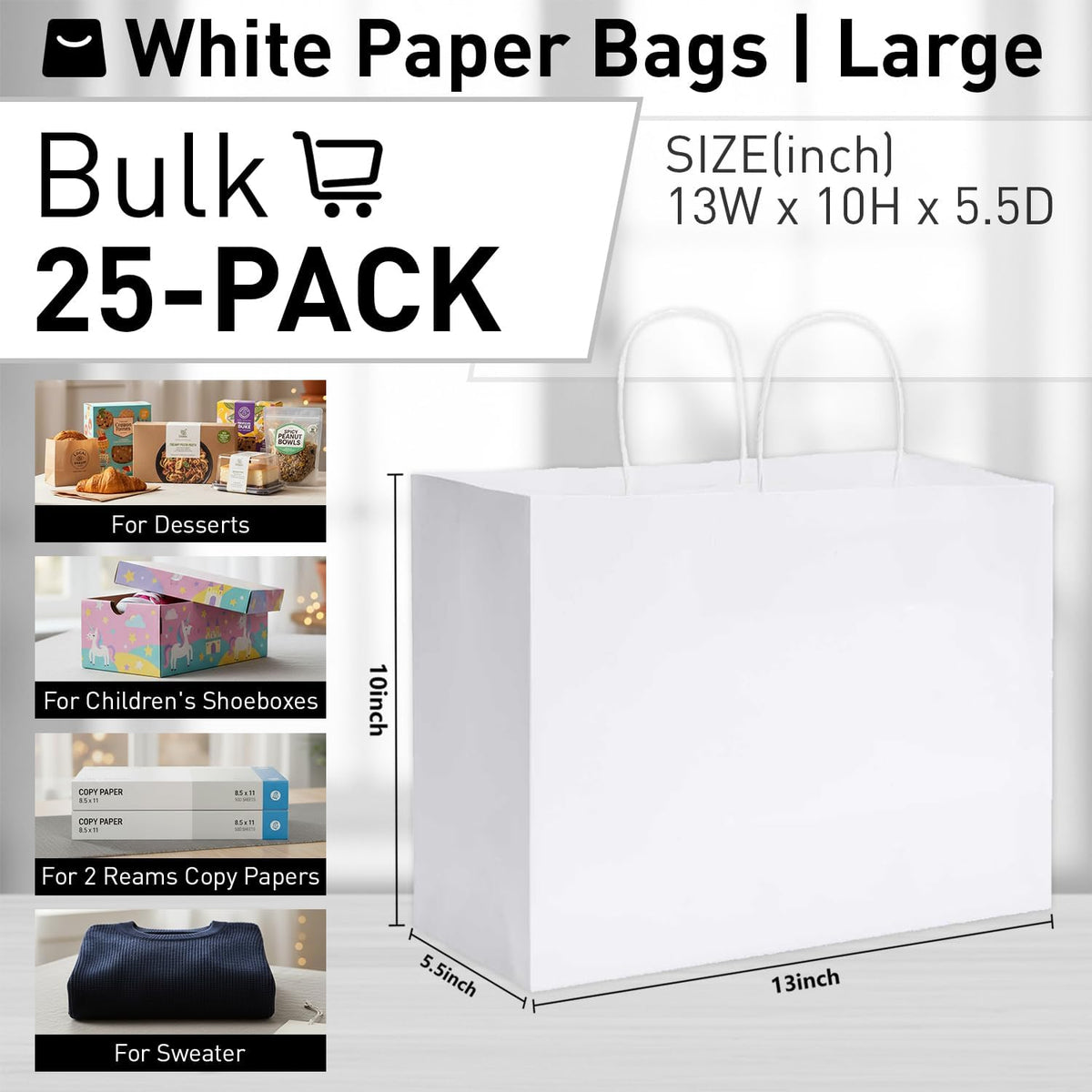 White Gift Bags with Handles, Large 13x10x5.5 Inch, 25 Pack