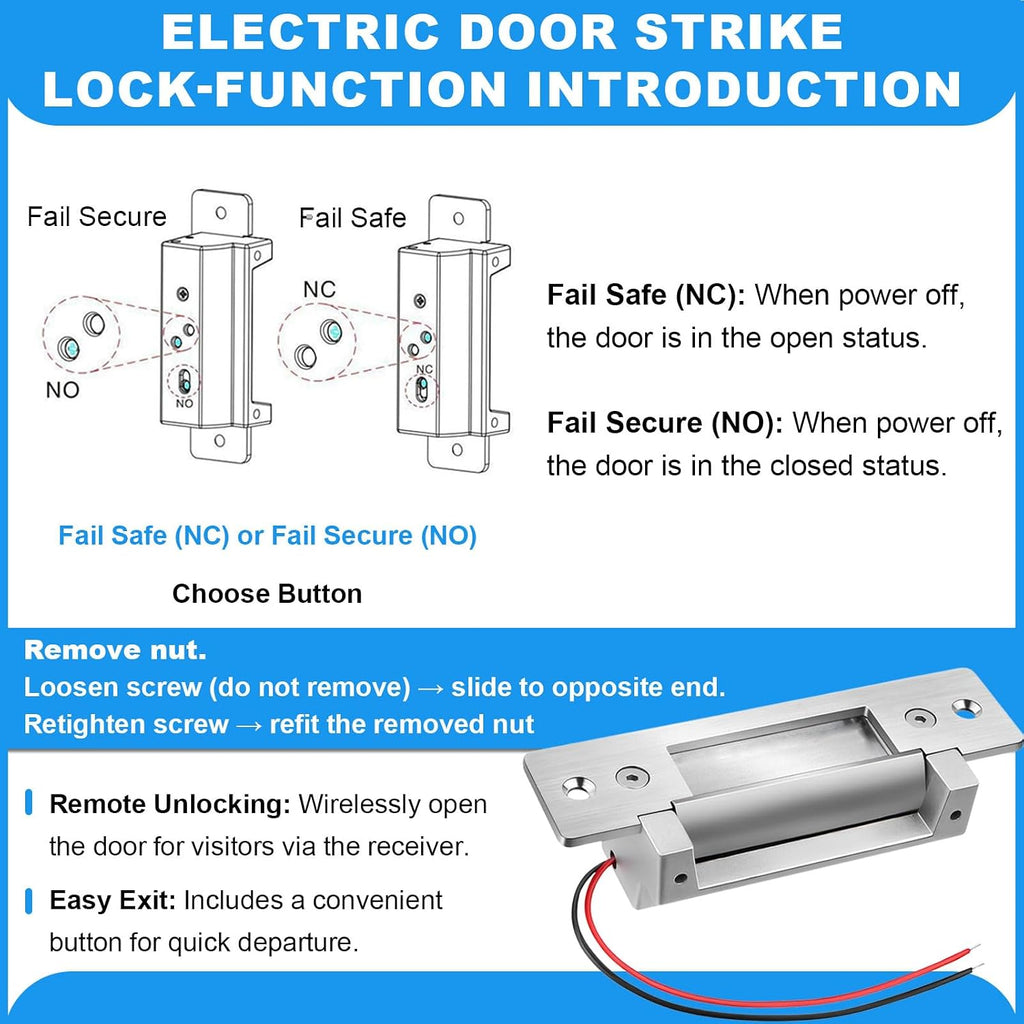 Upgraded Electric Strike Door Lock Kit with Wireless Remote, Button & Buzzer, Fail-Secure/Fail-Safe Adjustable Access