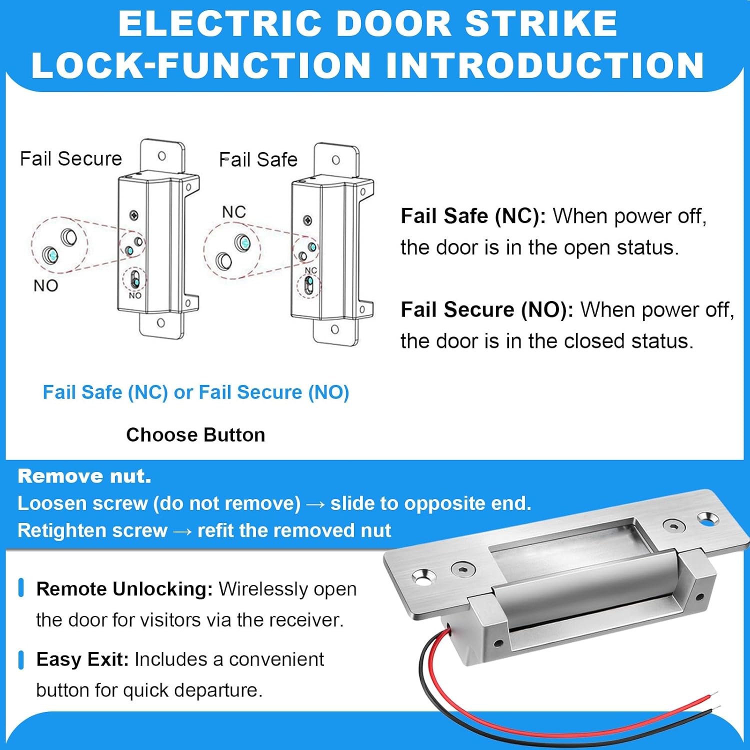 Upgraded Electric Strike Door Lock Kit with Wireless Remote, Button & Buzzer, Fail-Secure/Fail-Safe Adjustable Access