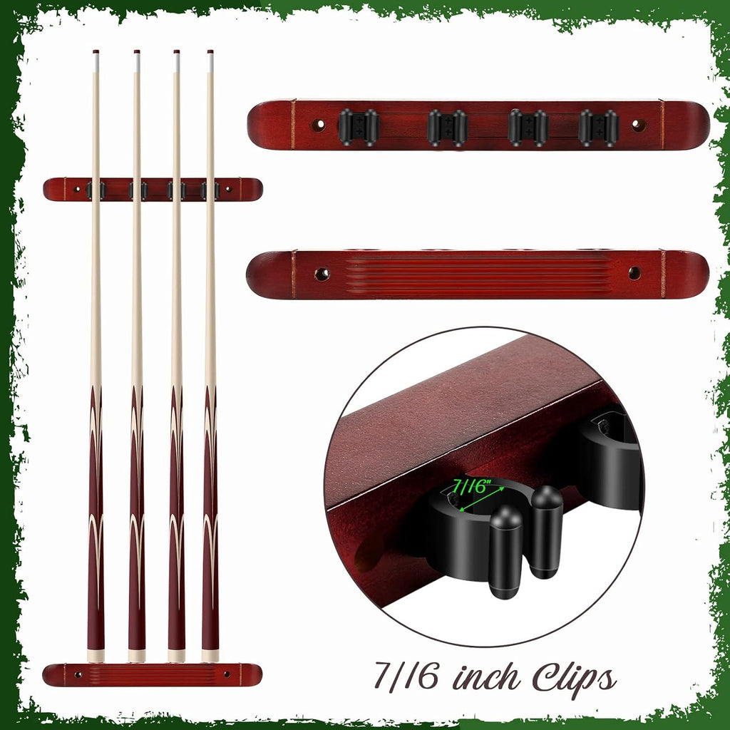 2 Piece 4 Pool Cues Wood Wall Rack with Clips Wall Mounted Hardwood Billiard Pool Cue Rack Finish Hardwood Cue Sticks