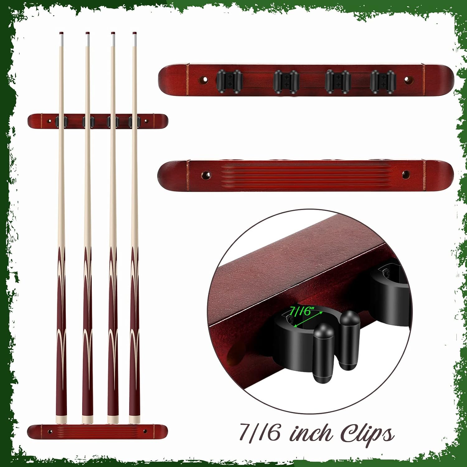 2 Piece 4 Pool Cues Wood Wall Rack with Clips Wall Mounted Hardwood Billiard Pool Cue Rack Finish Hardwood Cue Sticks