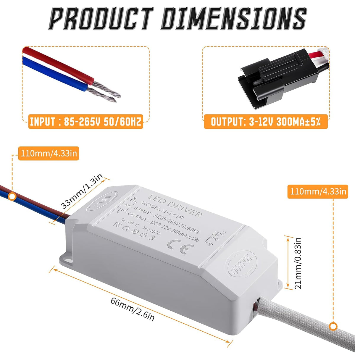 1-3W LED Driver, 3-12V DC LED Power Supply, 300mA, Black