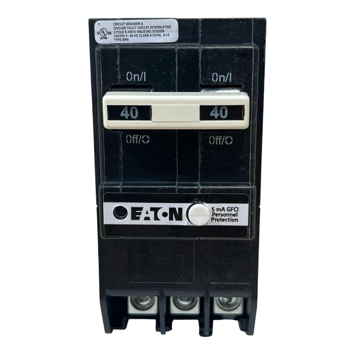 Eaton BRN240GF BR GFCI Circuit Breaker, Ground Fault, Pigtail Neutral, 40 A, 10 KAIC, Two-Pole, 120/240 V