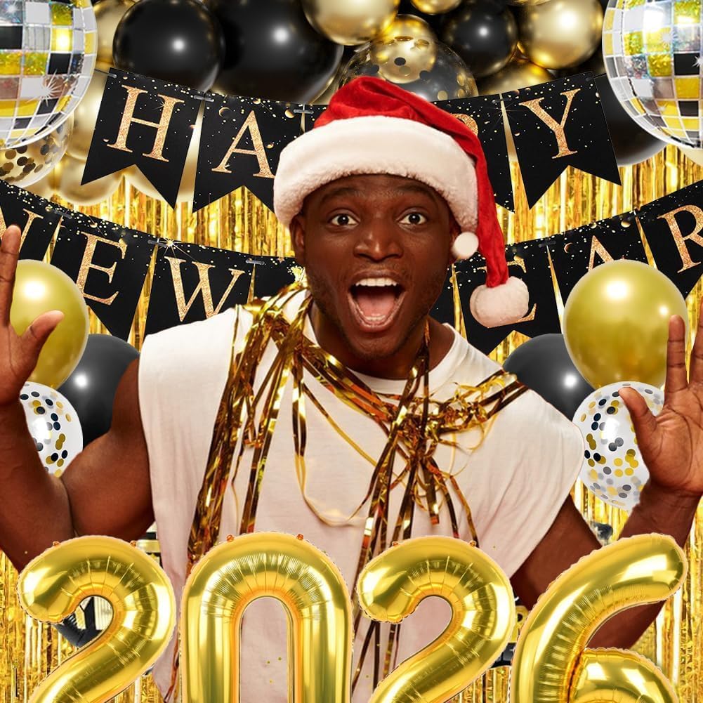 Happy New Year Party Decoration 2026 Foil Balloon Banner and Curtains Disco Balloons Champagne Balloon New Years Eve