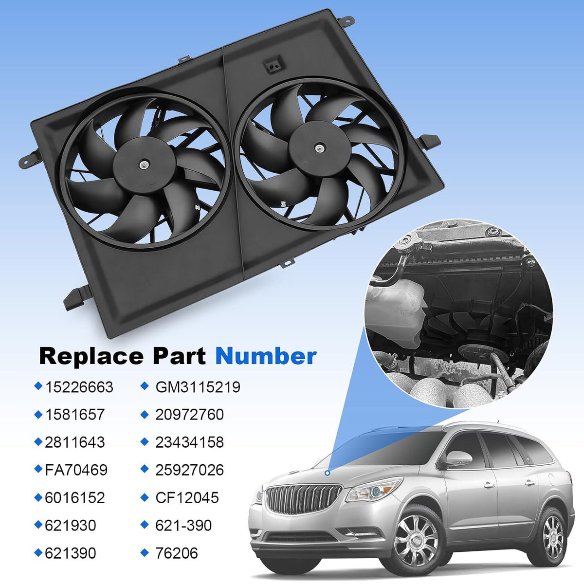 Engine Dual Radiator Cooling Fan Assembly 25927026 Replacement for Chevrolet Traverse 2009-2017 Replacement for GMC Acadia 2007-2017 V6 3.6L Electric Radiator Condenser Replaces 621-390 20972760