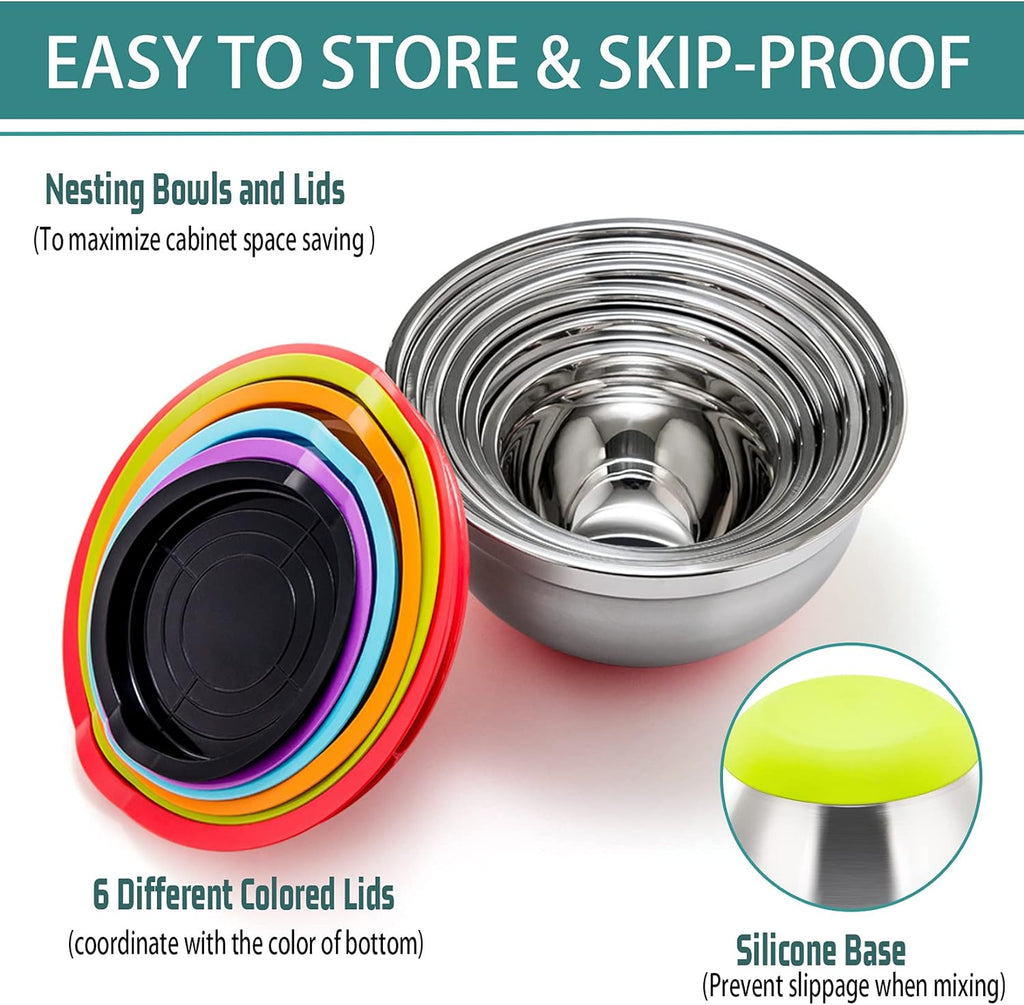 Mixing Bowls With Lids, Set of 6, Stainless Steel Nesting Mixing Bowls & Fitting Lids & Non-Slip Silicone Bottom