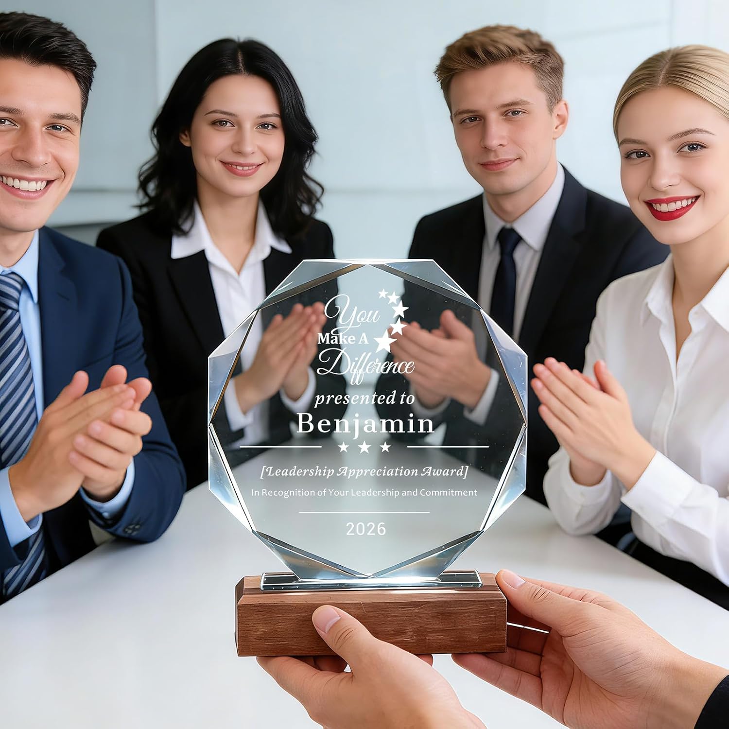 SHIP NEXT DAY, Personalized Crystal Award Trophy - Custom with Company Logo Text & Employee Name, Engraved Award for