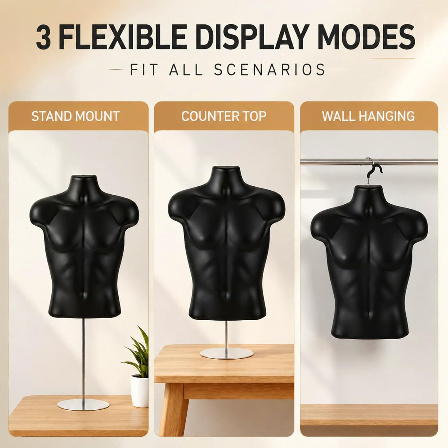 2 Pack Male Mannequin Torso Half Body Mannequin with Stand and Hanging Hook Stackable Dress Form Hollow Back for