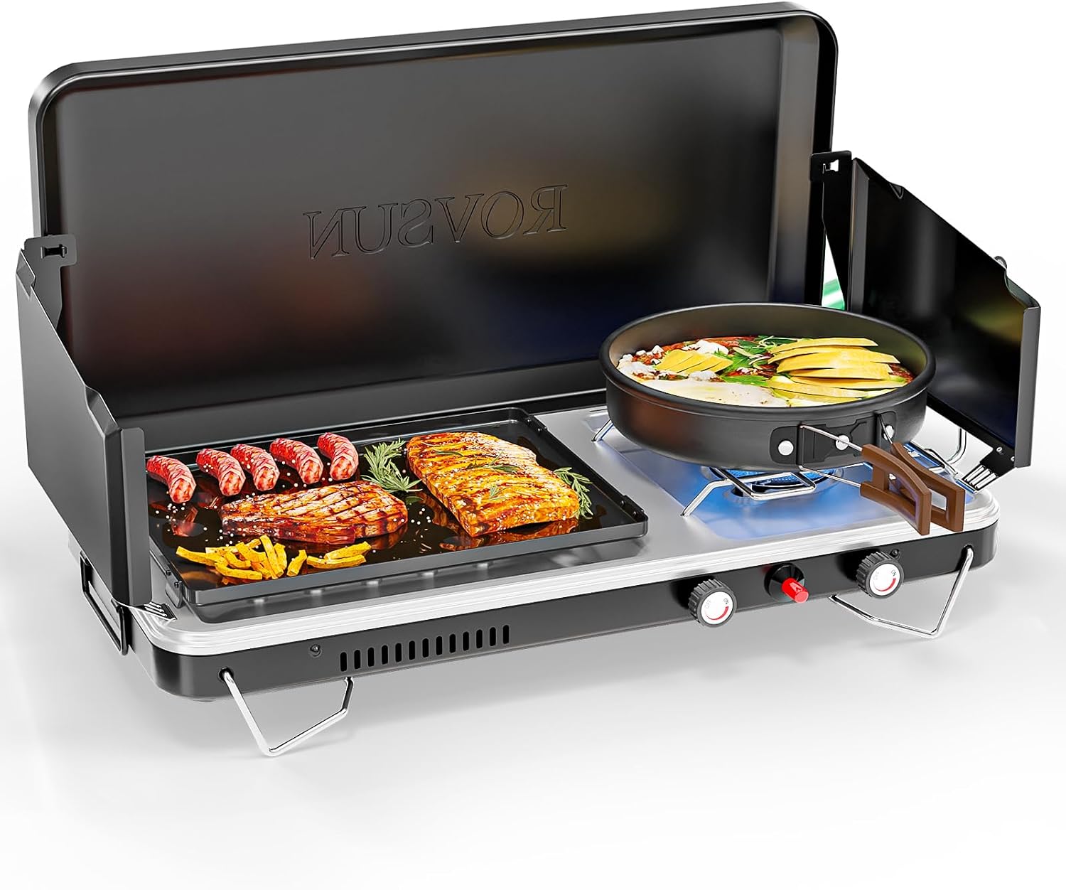 2-in-1 Portable Camping Stove & Propane Grill with Enamel Griddle & Piezo Igniter, Tabletop Camp Stove with Built-in