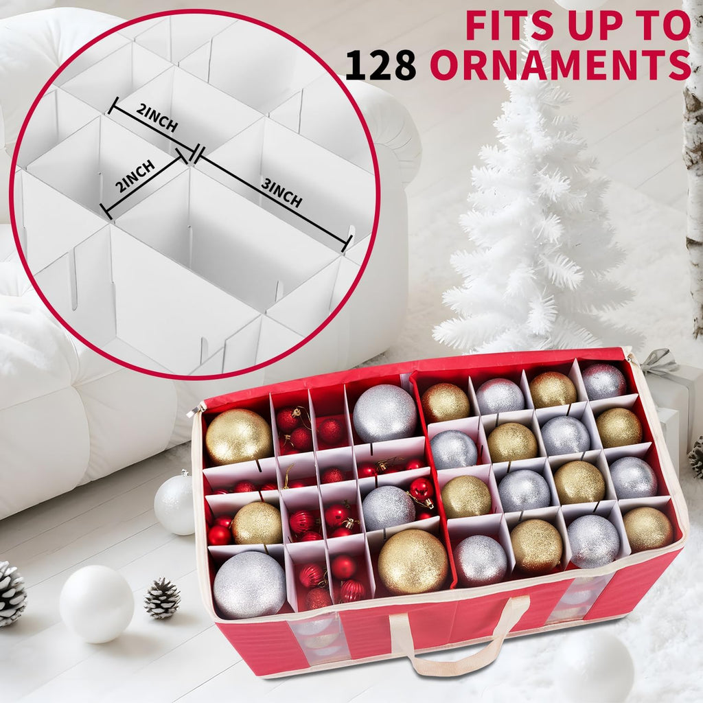 Large Christmas Ornament Storage Box With Adjustable Dividers,Ornament Storage Container with Two Handlesfor 128