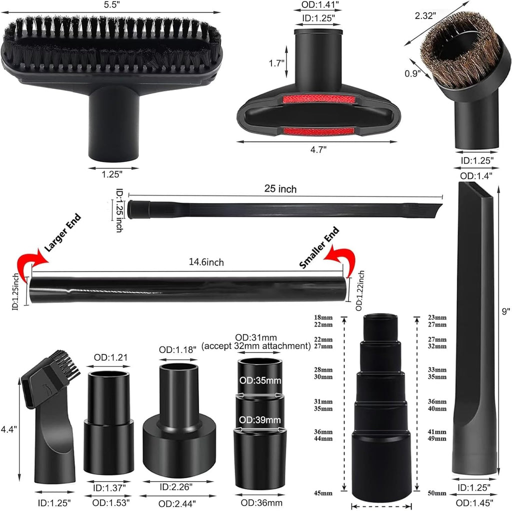 15 Pcs Universal Vacuum Attachments & Brushes for Shop Vac Accessories - 2 1/2" to 1 1/4" Hose Adapter for Shop Vac