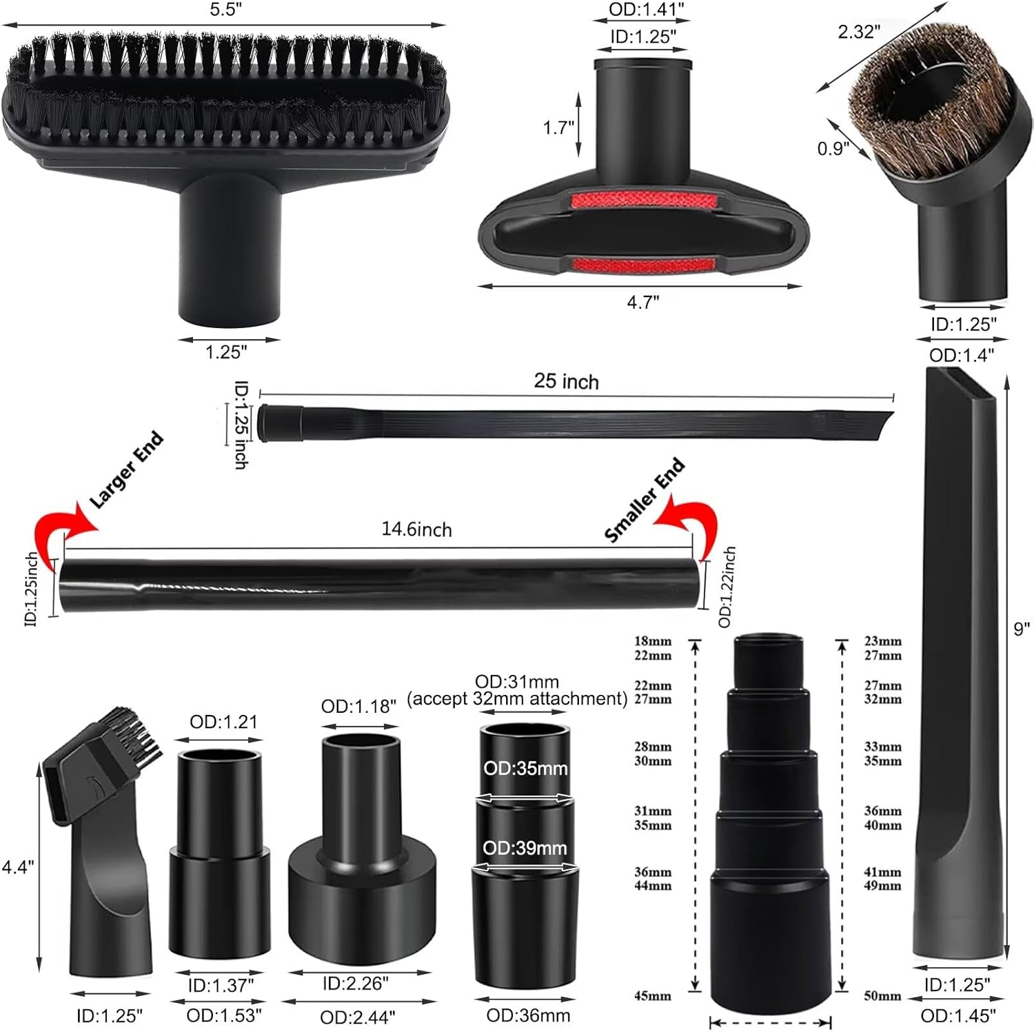 15 Pcs Universal Vacuum Attachments & Brushes for Shop Vac Accessories - 2 1/2" to 1 1/4" Hose Adapter for Shop Vac