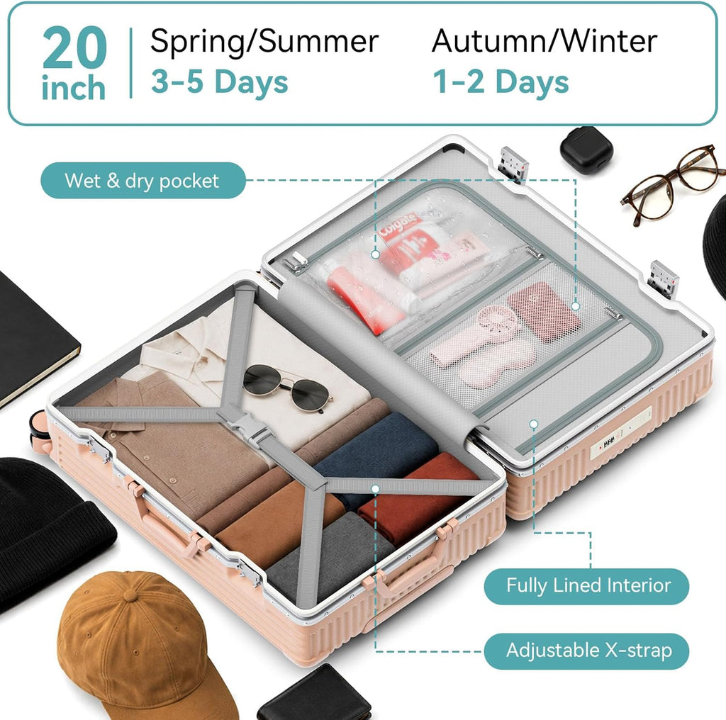 20 Inch Carry On Luggage with Front Pocket, Aluminum Frame Hardside Carry On Suitcase Airline Approved, Zipperless
