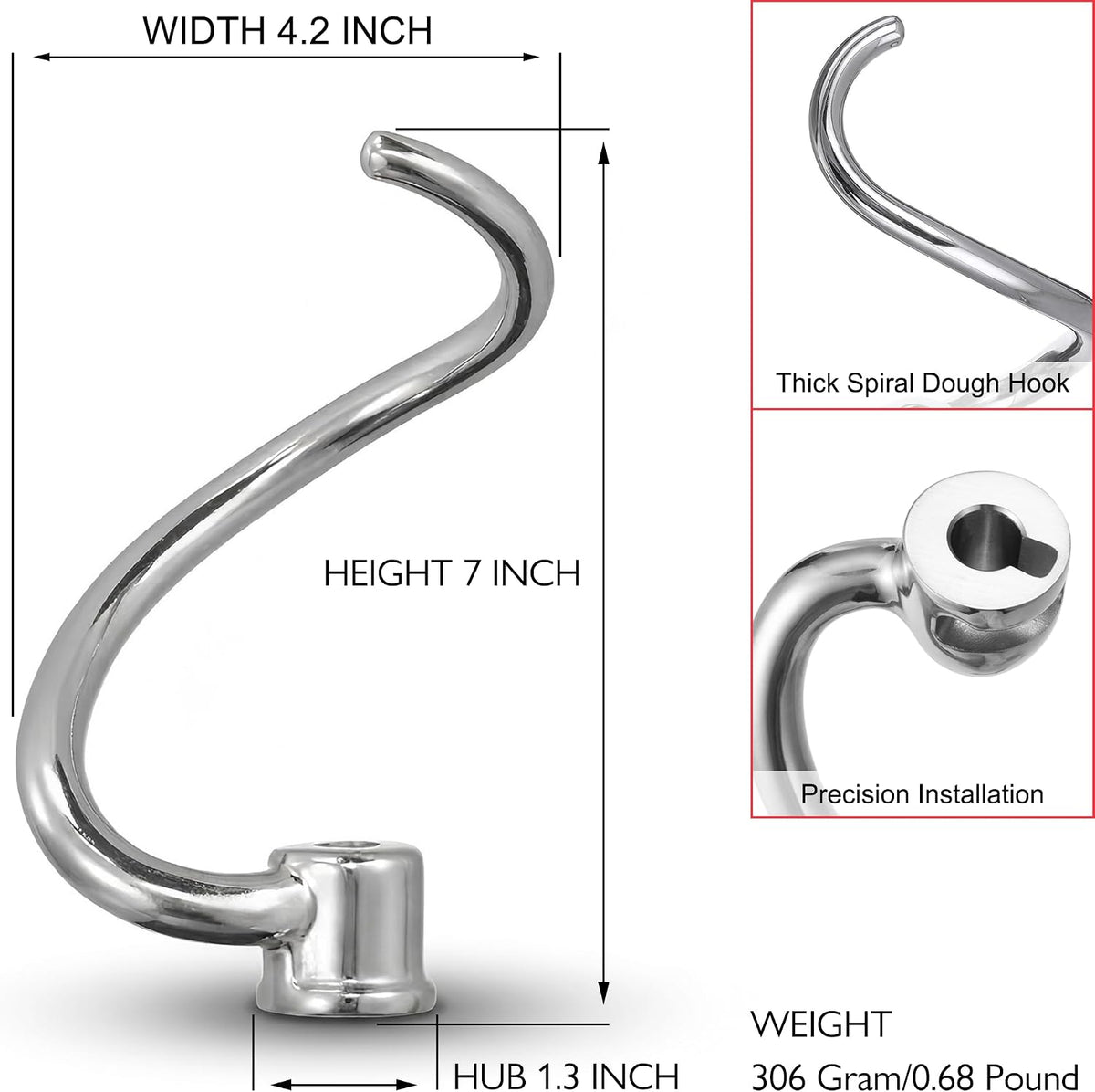 Stainless Steel Spiral Dough Hook for Kitchenaid 6 Quart Bowl-Lift Mixer