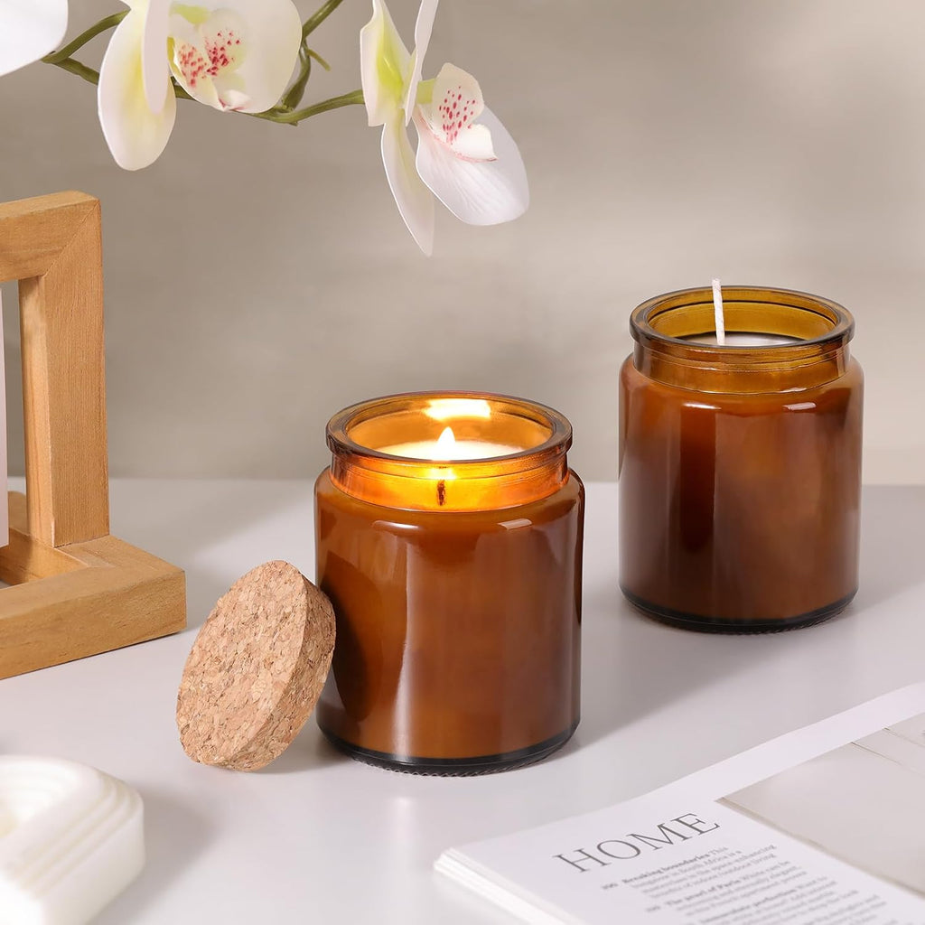 12Pcs Amber Candle Jars for Making Candles, 7.5oz Glass Jars for DIY | Wooden Lids and Labels, Candle Making Supplies