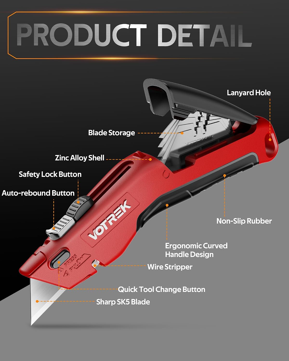 Box Cutter Utility Knife, [2-in-1] Retractable Box Cutter, Safety Heavy Duty Sharp Razor Knife for Home & Warehouse