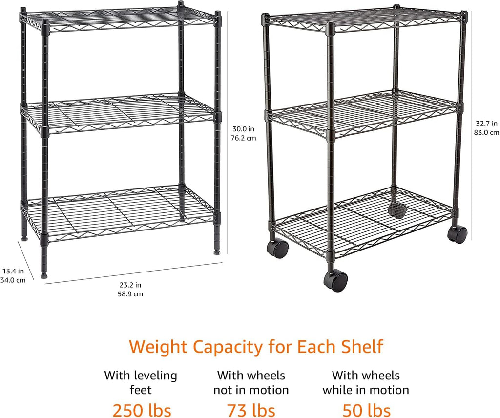 3-Shelf Adjustable Heavy Duty Storage Shelving Unit on 2" Wheels, Metal Wire Rack for Garage, Utility Shelving with