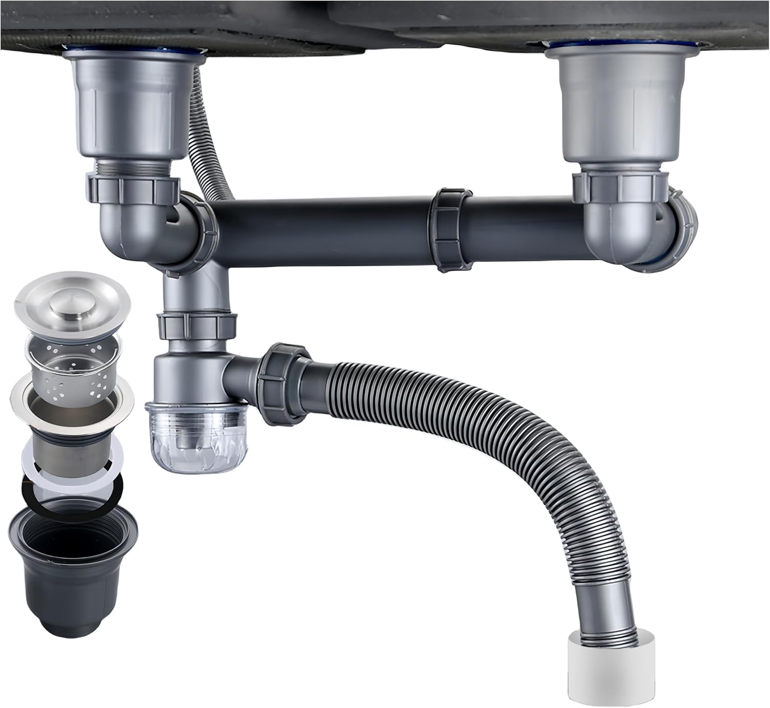 Double Sink Drain Kit Space Saving Kitchen Sink Drain Kit Expandable Flexible 1 1/2" P-Trap Pipe 3-1/2 Inch Sink