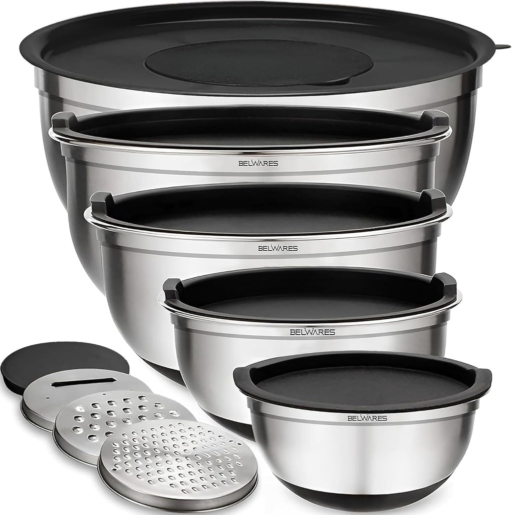 Mixing Bowls with Lids Set of 5 - Stainless Steel Mixing Bowl Set, Kitchen Nesting Metal Bowls with Non Slip Bottoms