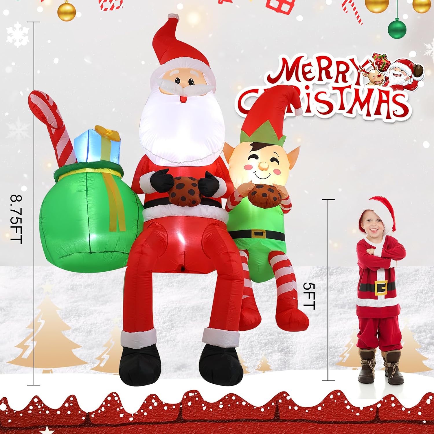 8FT Santa Claus Sitting on the Roof Christmas Inflatable Decoration with LED Lights, Suitable for Holiday Celebration